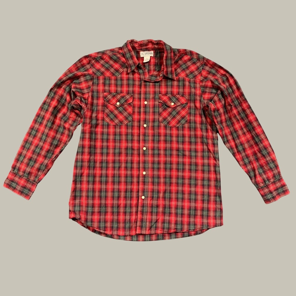 U.S. Expedition Western Pearl Snap Shirt Mens XL Red Plaid Cotton Cowboy Flannel